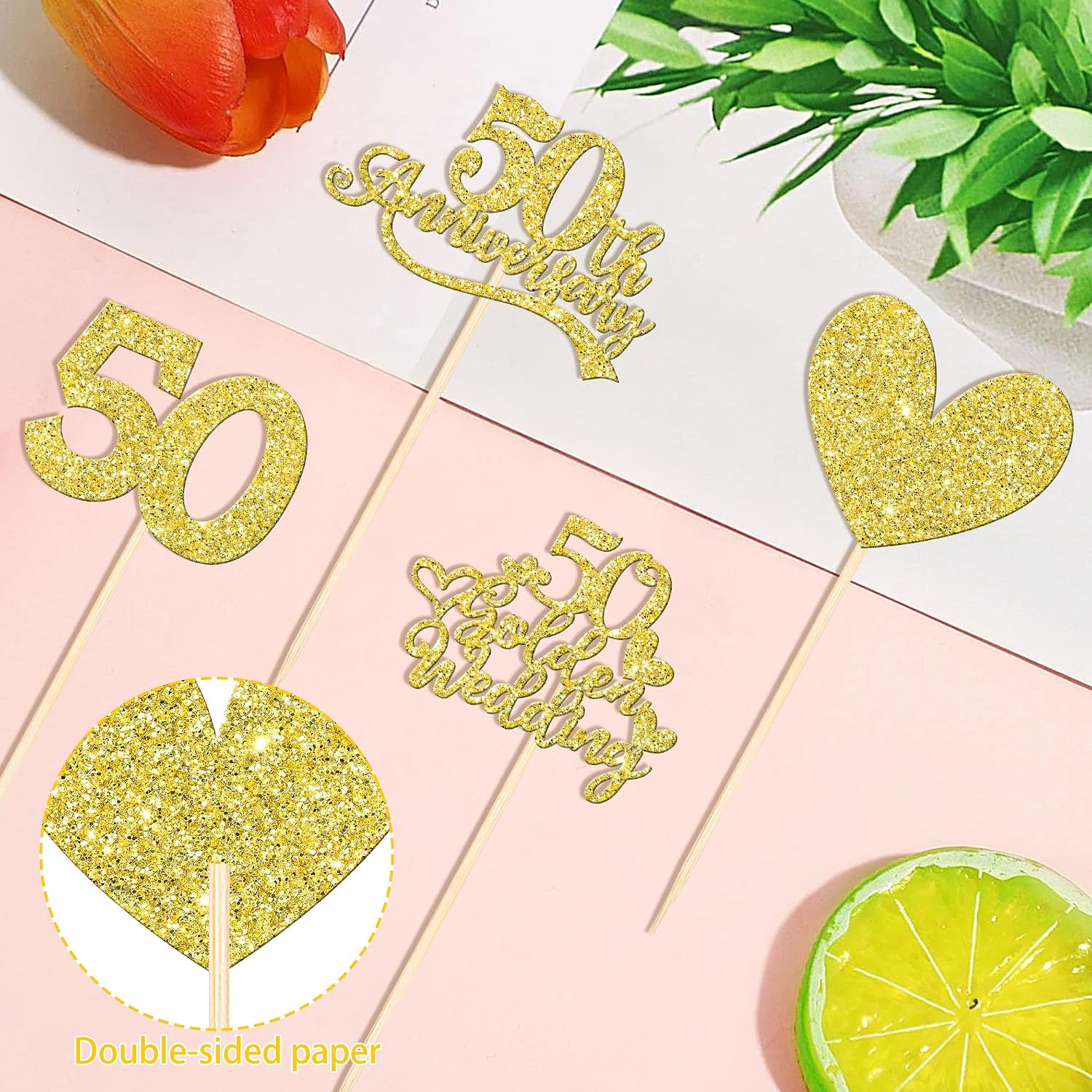 50th Anniversary Centerpiece Sticks, 12 Pieces - Double-Sided Gold Glitter Hearts - view 2