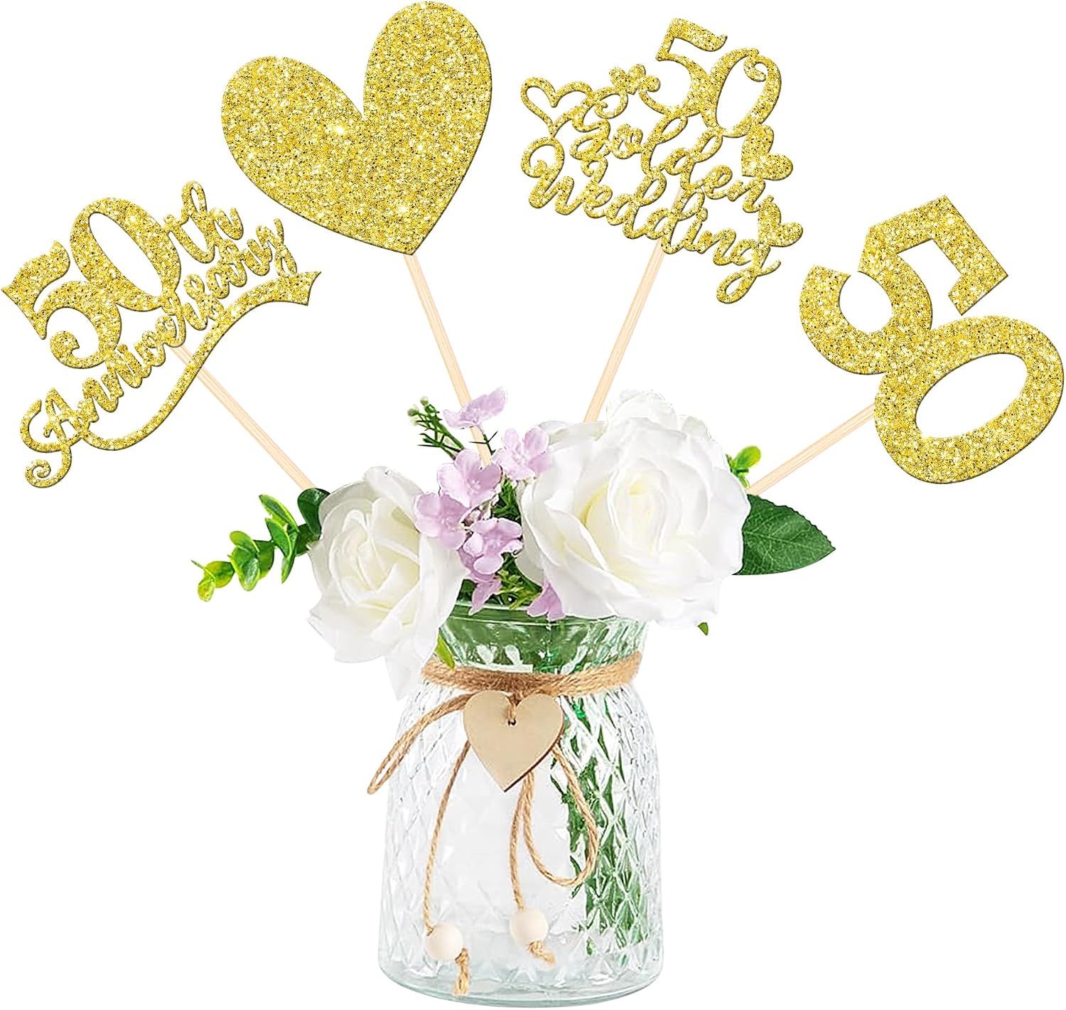 50th Anniversary Centerpiece Sticks, 12 Pieces - Double-Sided Gold Glitter Hearts