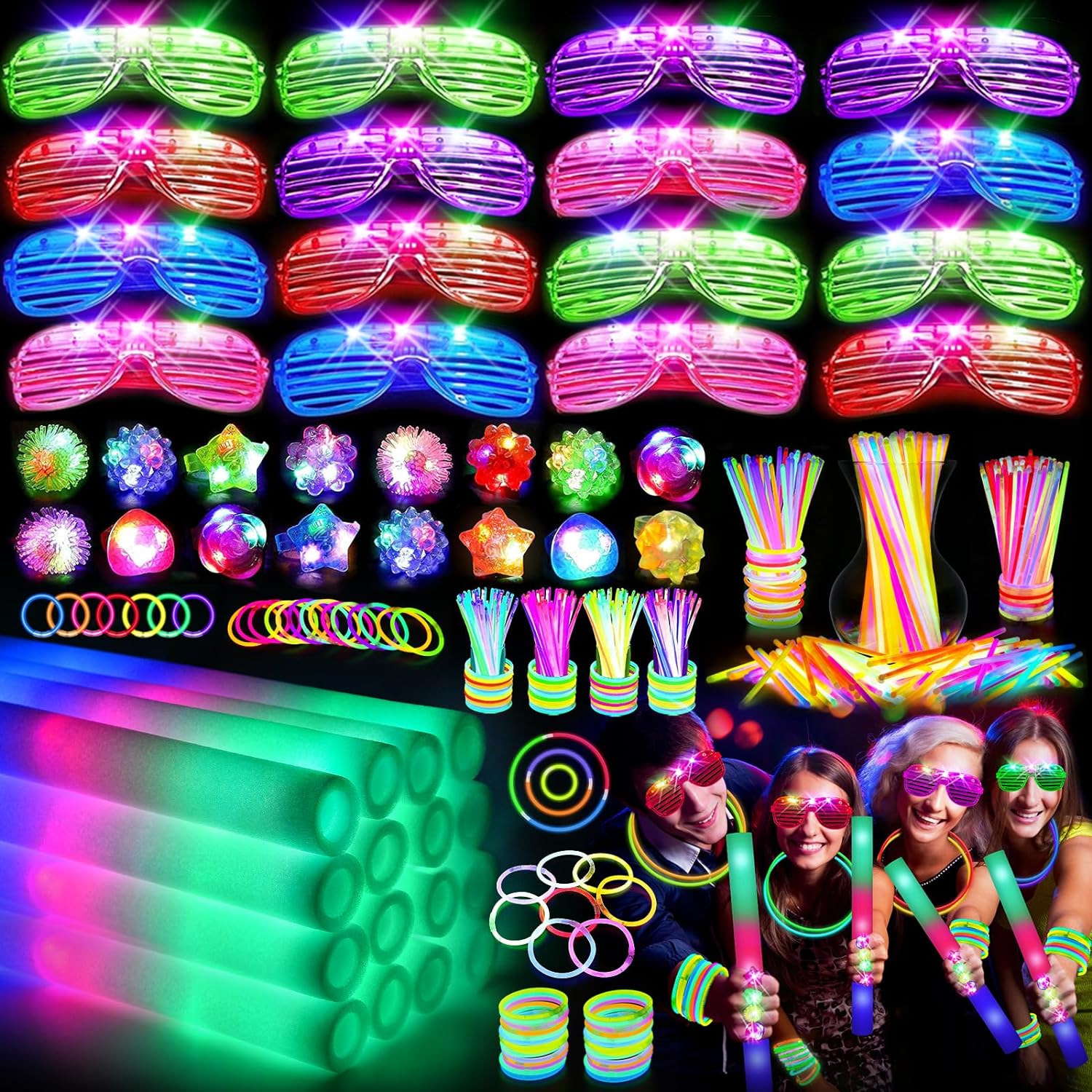 Glow in the Dark Party Pack, 150 Pieces - Foam Sticks, LED Glasses and Glow Sticks