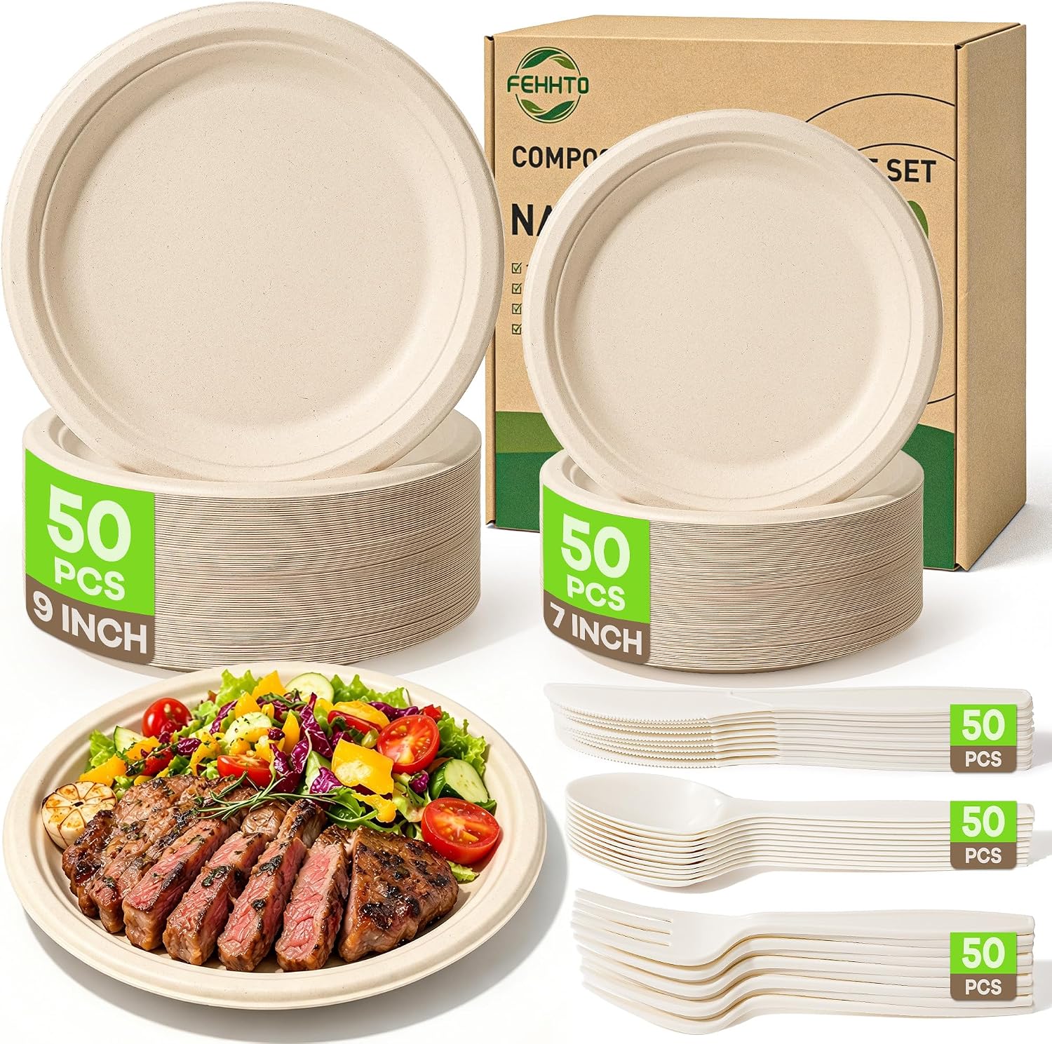Compostable Sugarcane Plates and Cutlery Set, 250 Pieces