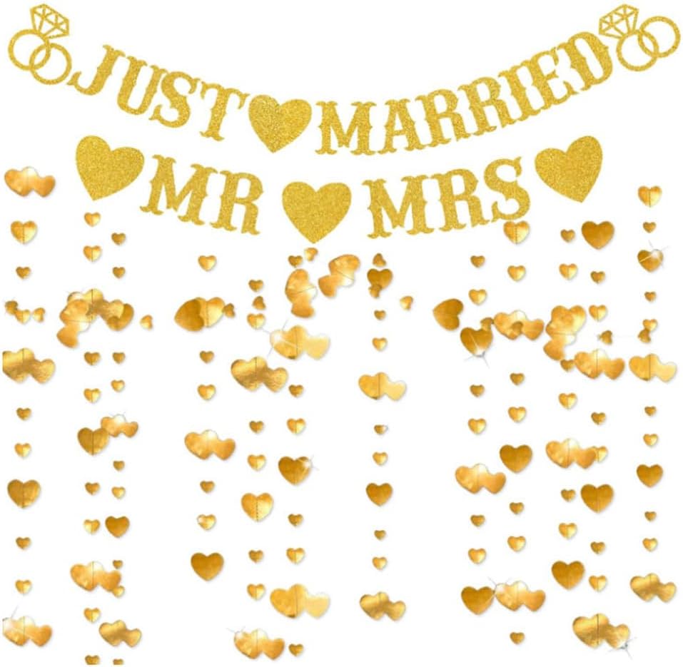 Just Married Gold Glitter Banner with Heart Garland - Wedding Decoration