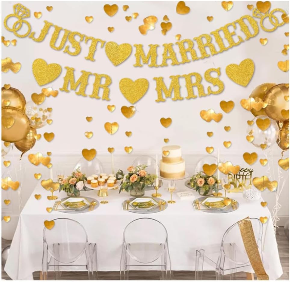 Just Married Gold Glitter Banner with Heart Garland - Wedding Decoration - view 2