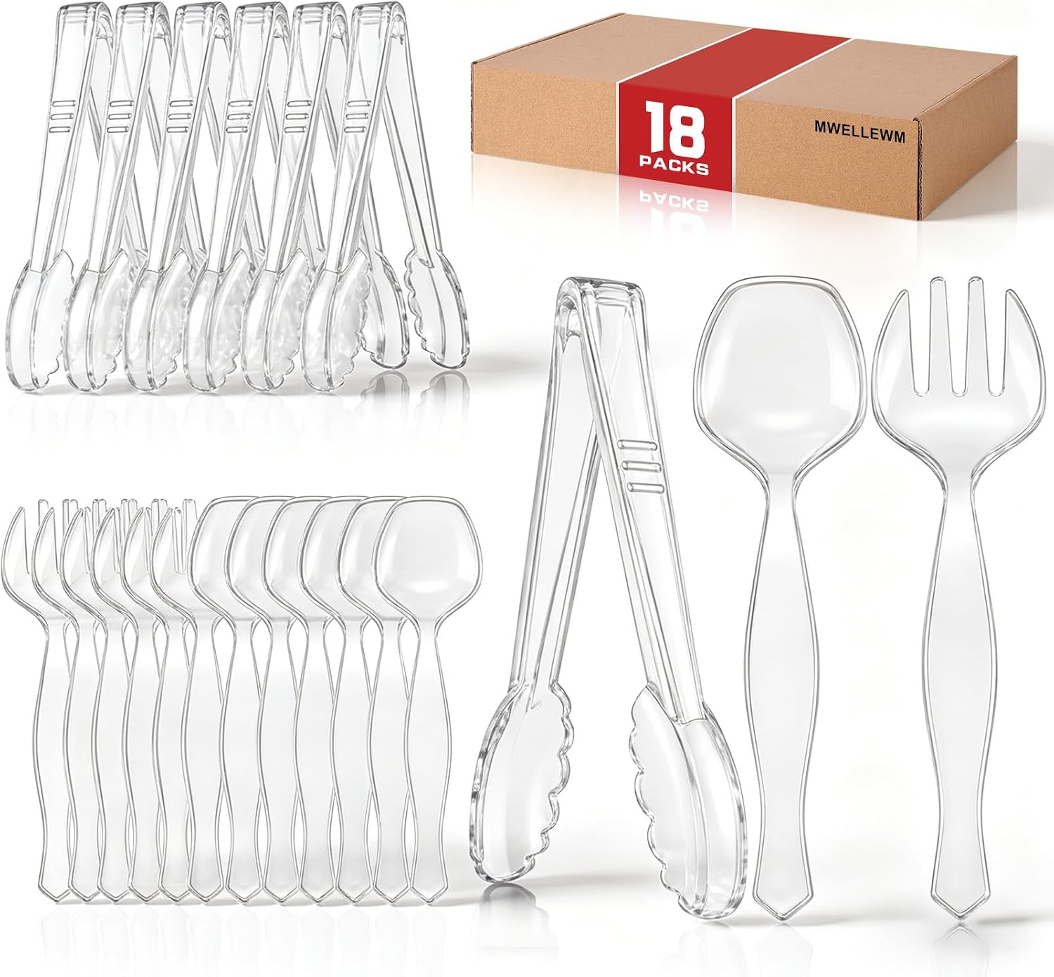 Disposable Buffet Serving Utensils Set, 18 Pieces - Heavy-Duty Tongs and Spoons