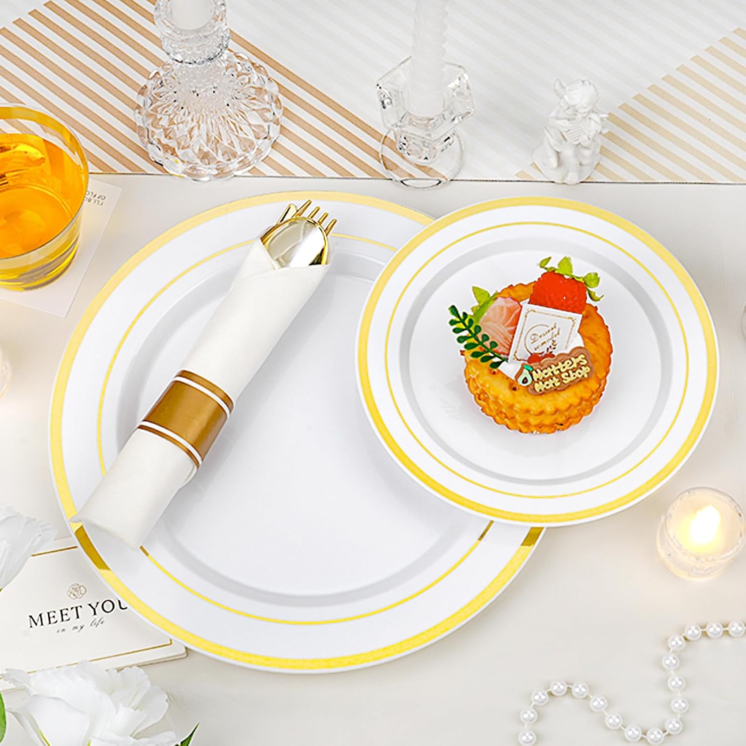 White and Gold Plastic Dinnerware Set, 350 Pieces - Serves 50 Guests - view 2