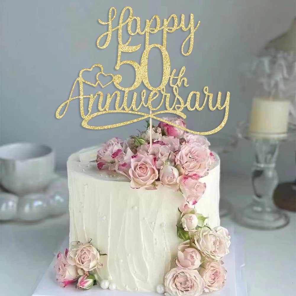 Happy 50th Anniversary Cake Topper - Gold Glitter Golden Jubilee Decoration