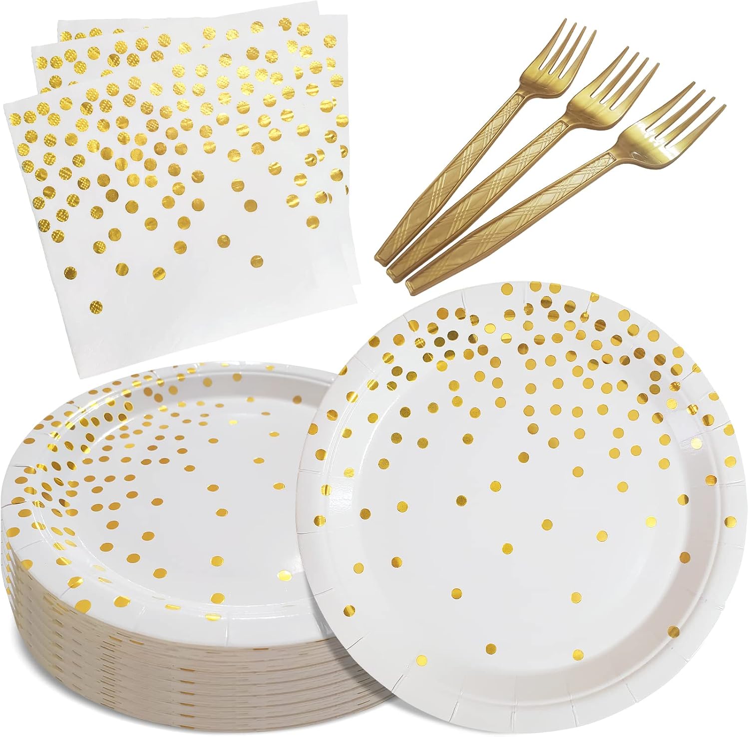 Gold Dot Paper Dessert Plates and Napkins, 105 Pieces - 7 in, Serves 35